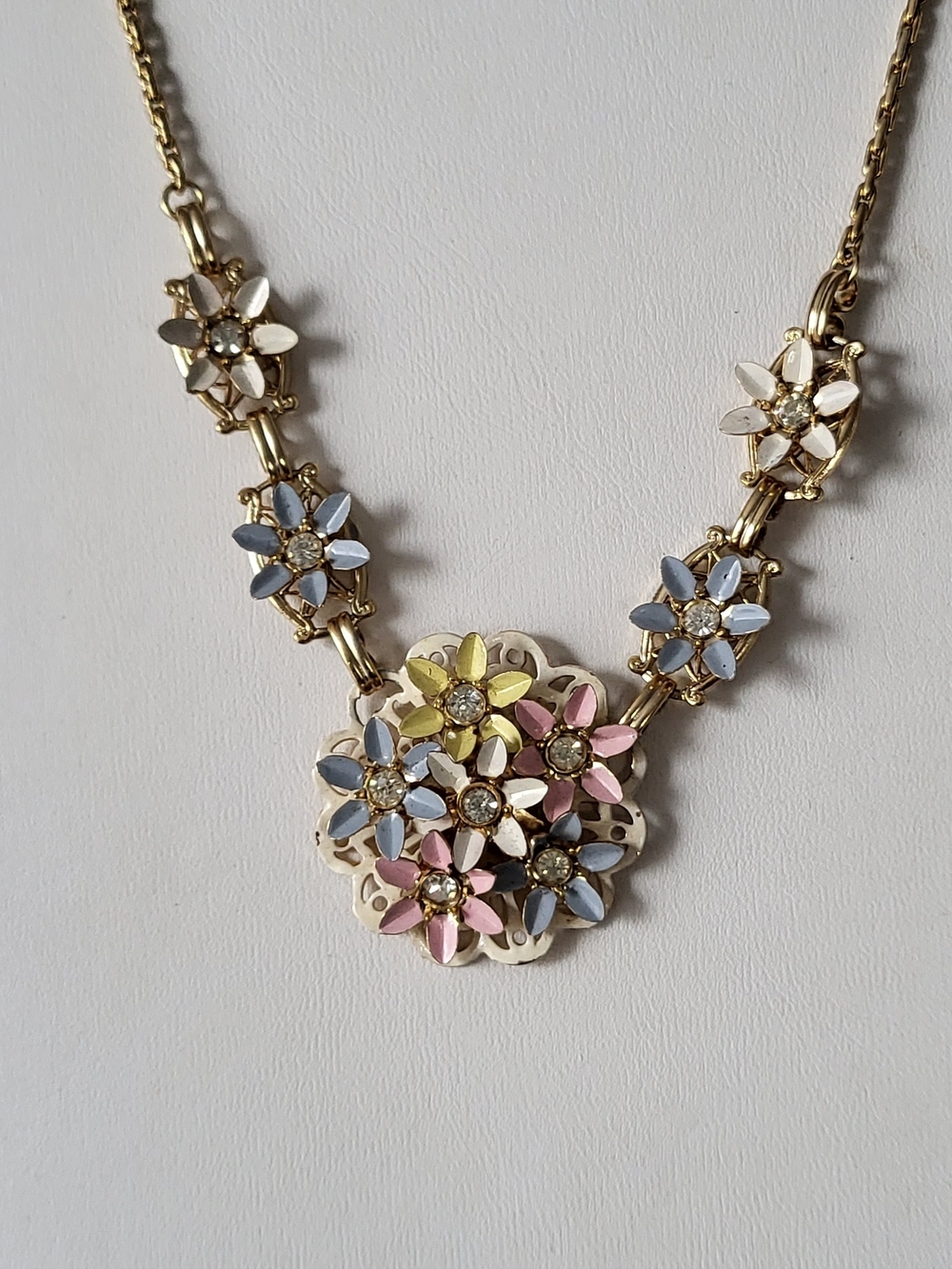 Vintage Gold-Tone Multicolor Floral Pendant Necklace - Pastel Flower Statement